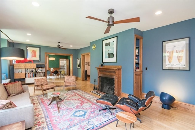 75 Lyman Rd, Northampton, MA 01060 - living area featuring ceiling fan, wood finished floors, recessed lighting, a fireplace with flush hearth, and baseboards