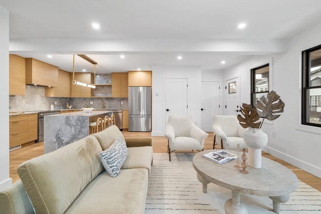 living room with sink and light hardwood / wood-style flooring