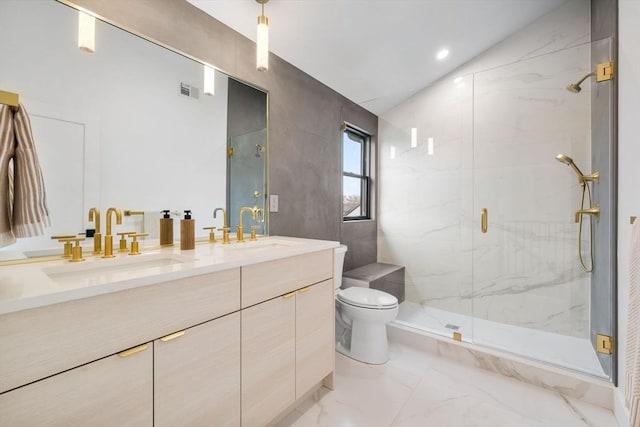 bathroom featuring a shower with door, vanity, and toilet