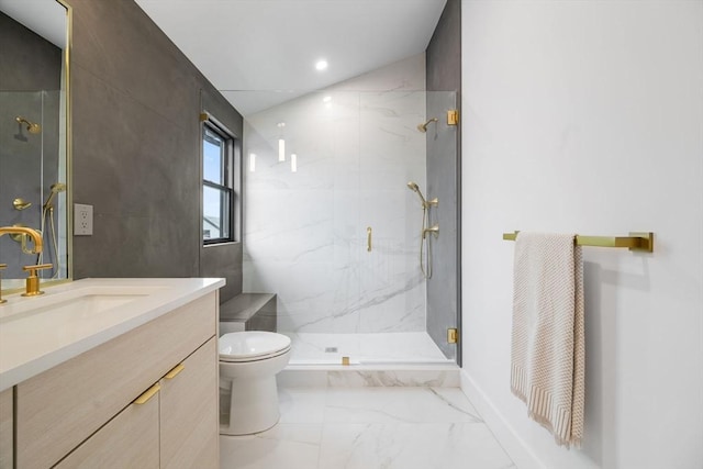 bathroom with walk in shower, vanity, and toilet