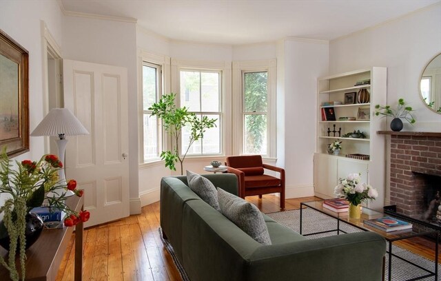 24 Foster St, Cambridge, MA 02138 - living area with light wood finished floors, a fireplace, and ornamental molding