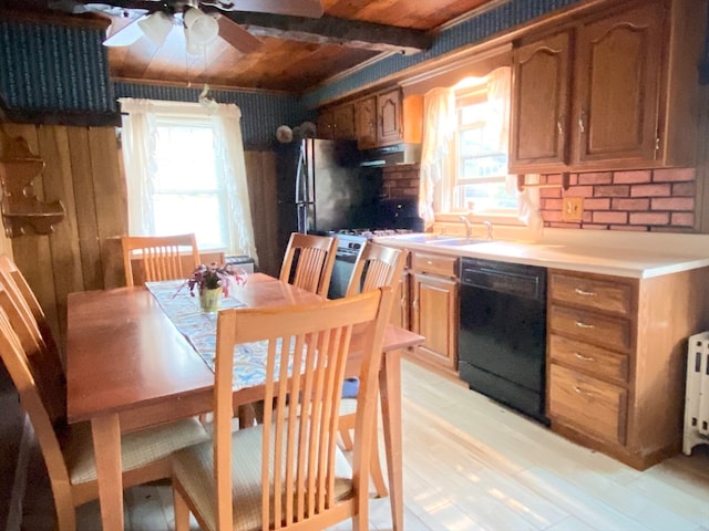 kitchen with sink, dishwasher, ceiling fan, wooden ceiling, and wooden walls