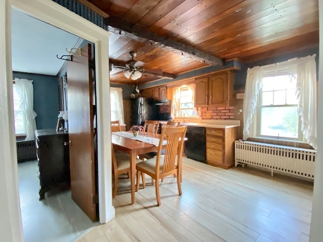 dining area featuring light hardwood / wood-style floors, radiator heating unit, wooden ceiling, and ceiling fan