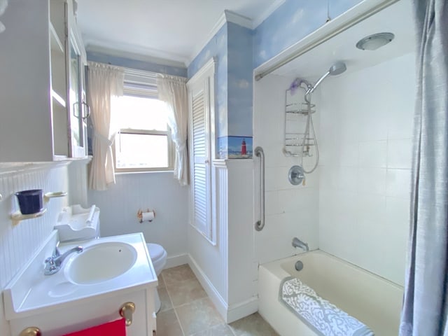 full bathroom featuring ornamental molding, toilet, vanity, shower / bathtub combination with curtain, and tile patterned flooring