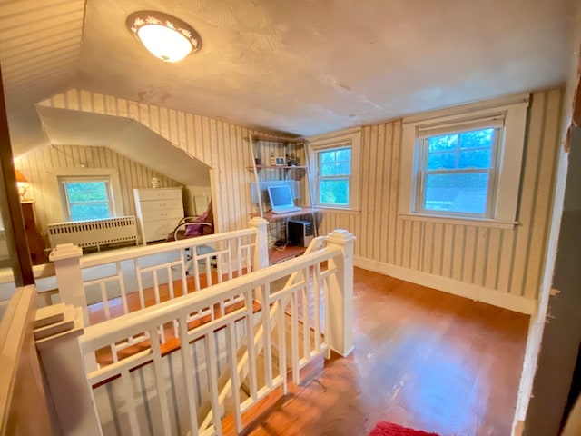 bonus room with a healthy amount of sunlight, wood-type flooring, and vaulted ceiling