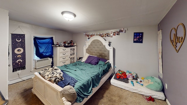 carpeted bedroom with cooling unit and a baseboard radiator