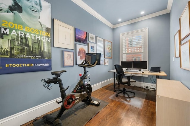 office with crown molding and dark hardwood / wood-style flooring