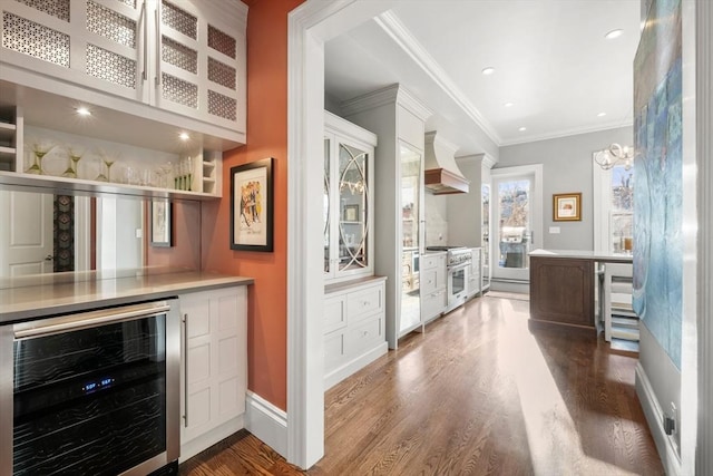 bar featuring premium range hood, white cabinets, dark hardwood / wood-style flooring, high end stainless steel range, and wine cooler