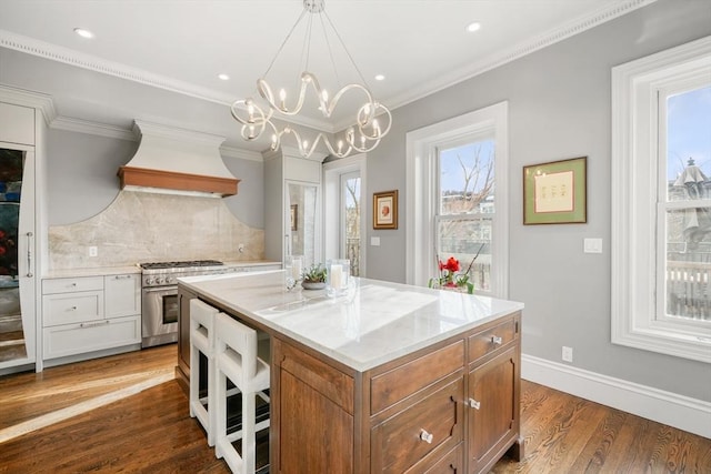 kitchen featuring white cabinets, a center island, stainless steel range, decorative backsplash, and premium range hood