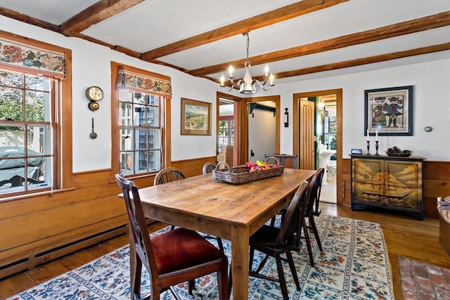 dining room with beamed ceiling, wainscoting, hardwood / wood-style flooring, and wooden walls