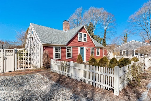 view of front facade with a shingled roof, a gate, a chimney, and a fenced front yard