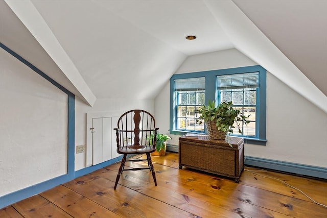 additional living space with a baseboard heating unit, lofted ceiling, baseboards, and hardwood / wood-style floors