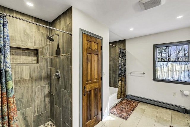 bathroom featuring tile patterned floors, visible vents, tiled shower / bath combo, recessed lighting, and a baseboard radiator