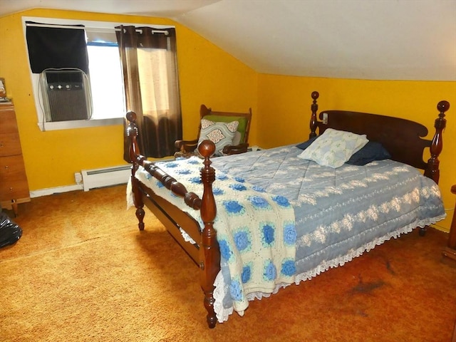 bedroom featuring carpet, lofted ceiling, and baseboard heating