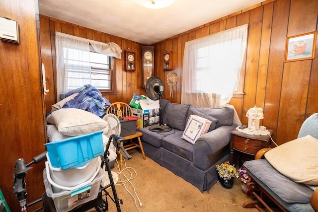 sitting room featuring carpet and wood walls