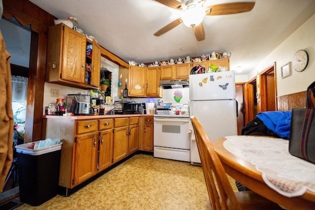 kitchen with ceiling fan and white appliances