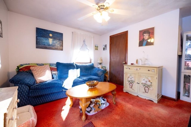 carpeted living room featuring ceiling fan