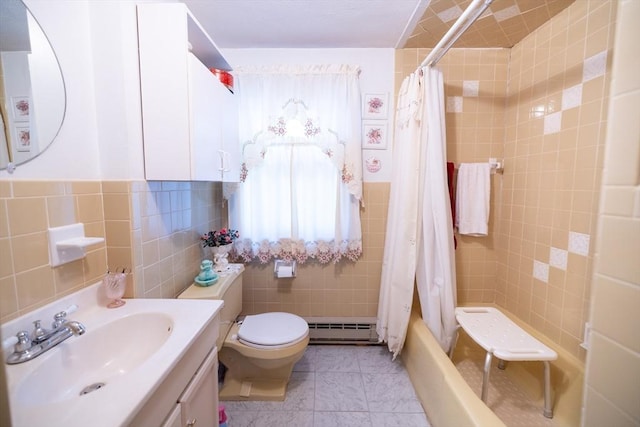 full bathroom featuring baseboard heating, vanity, tile walls, toilet, and shower / bath combo with shower curtain