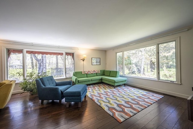 living room featuring plenty of natural light, wood-type flooring, and baseboards