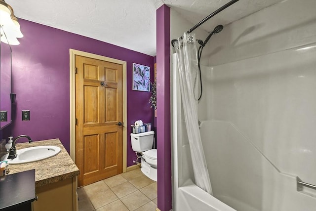 full bathroom featuring vanity, toilet, shower / bath combo with shower curtain, and tile patterned flooring