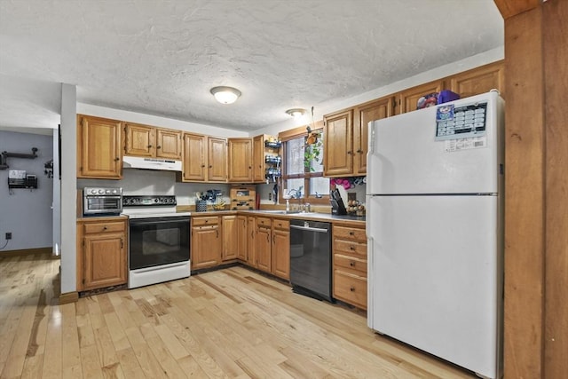 kitchen with a textured ceiling, black dishwasher, white refrigerator, light hardwood / wood-style floors, and range with electric cooktop