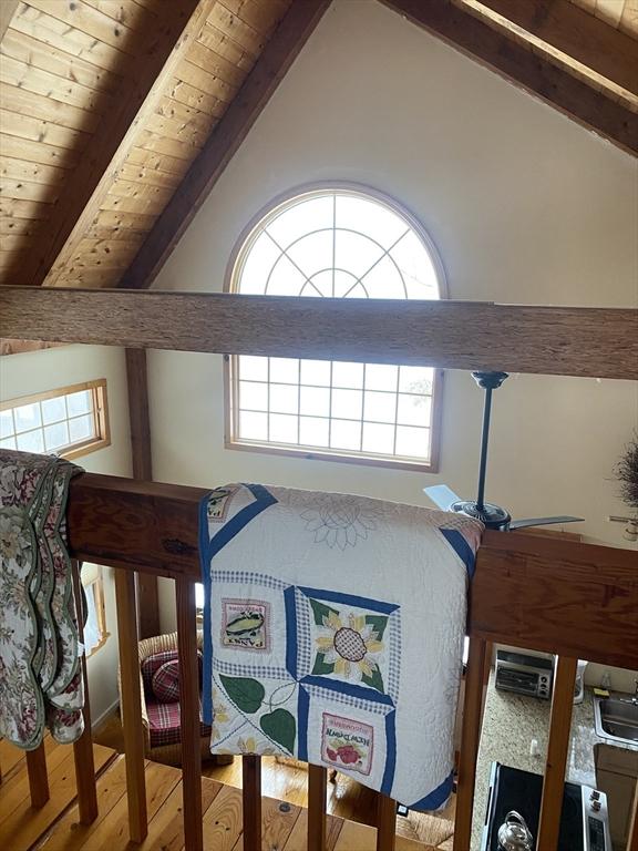 40 Provincetown View Rd, Plymouth, MA 02360 - interior space featuring high vaulted ceiling, beamed ceiling, wooden ceiling, and hardwood / wood-style floors