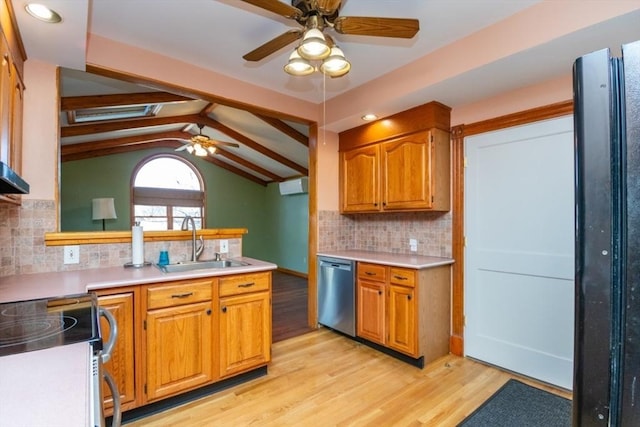 kitchen with dishwasher, light countertops, lofted ceiling with beams, and light wood-style floors