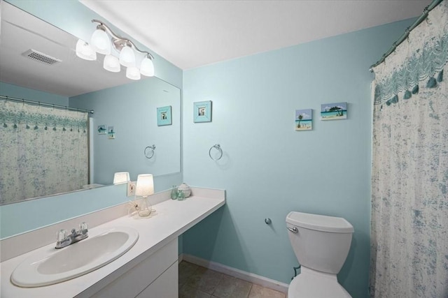 bathroom with tile patterned floors, visible vents, toilet, baseboards, and vanity