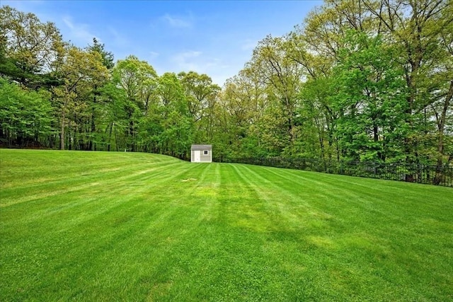 17 Fiddleneck Ln, Southborough, MA 01772 - view of yard featuring a storage shed, an outbuilding, and a wooded view