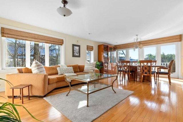 living room featuring a chandelier and light hardwood / wood-style flooring