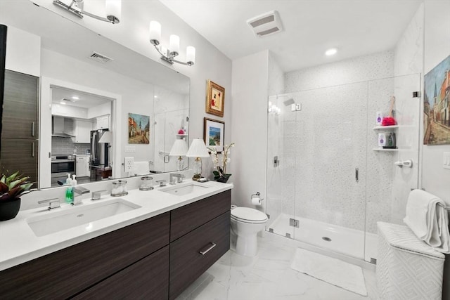 130 Broad Reach Unit 302, Weymouth, MA 02191 - full bath with double vanity, a shower stall, marble look tile flooring, and tasteful backsplash