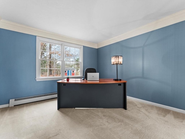 carpeted office space with crown molding, baseboards, and a baseboard radiator