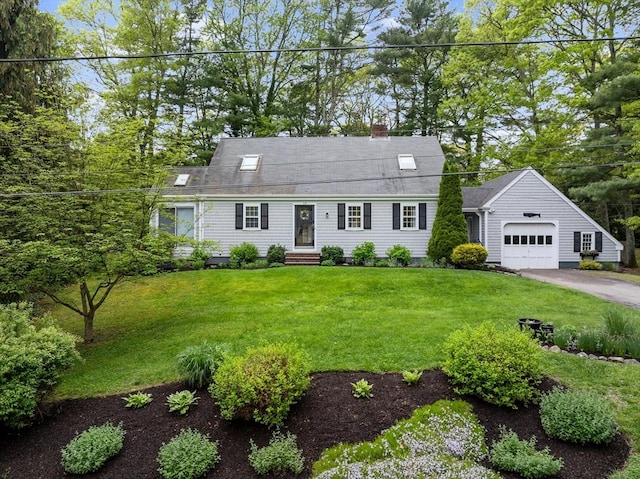 12 Wildwood Ter, Mattapoisett, MA 02739 - cape cod-style house featuring a garage, entry steps, a chimney, asphalt driveway, and a front yard