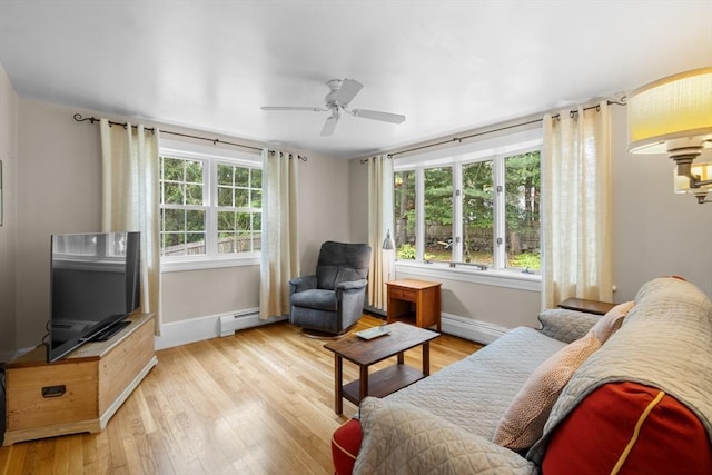 12 Wildwood Ter, Mattapoisett, MA 02739 - living room with ceiling fan, wood finished floors, and a baseboard radiator