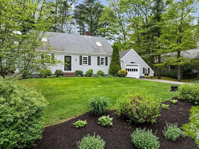 12 Wildwood Ter, Mattapoisett, MA 02739 - view of front of home with a garage, an outbuilding, a front lawn, and a chimney