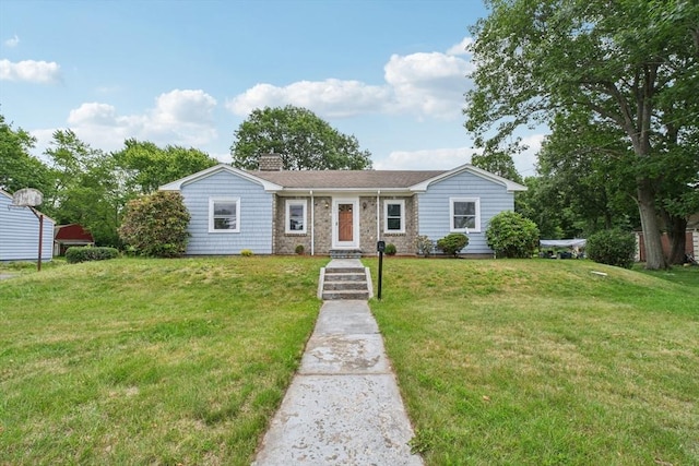 649 S Franklin St, Holbrook, MA 02343 - ranch-style home featuring a front lawn and a chimney