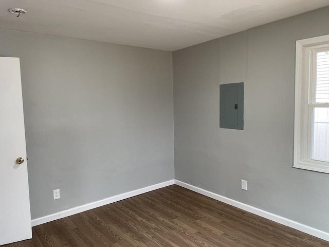 unfurnished room featuring dark wood-type flooring and electric panel