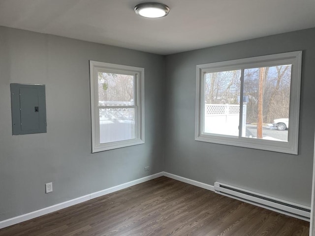 spare room featuring dark hardwood / wood-style flooring, electric panel, and baseboard heating