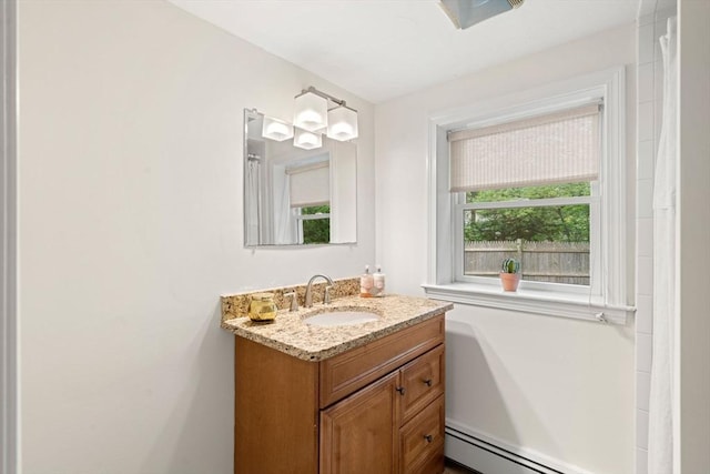 45 Fairfield St, Maynard, MA 01754 - full bathroom with vanity, a baseboard radiator, and a shower with curtain
