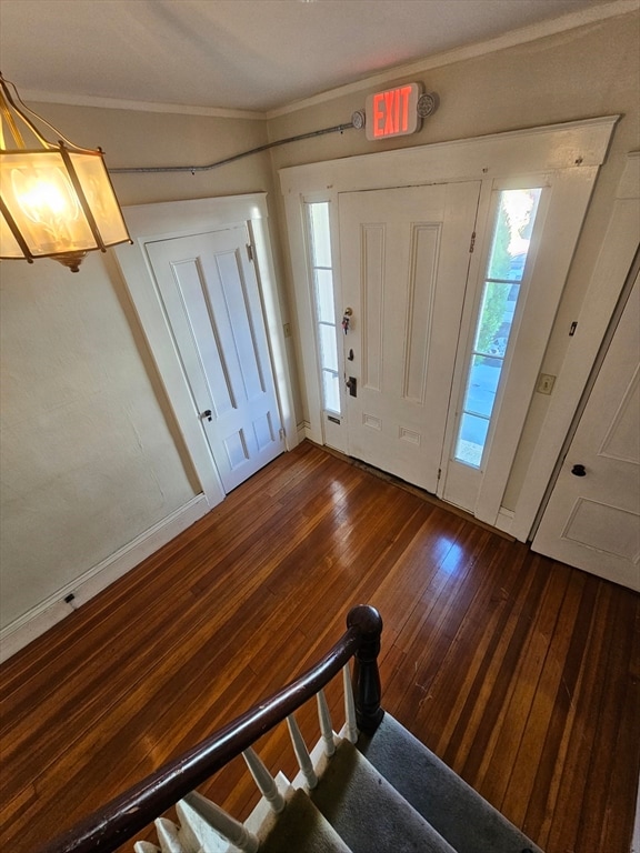 entryway with crown molding and dark hardwood / wood-style floors