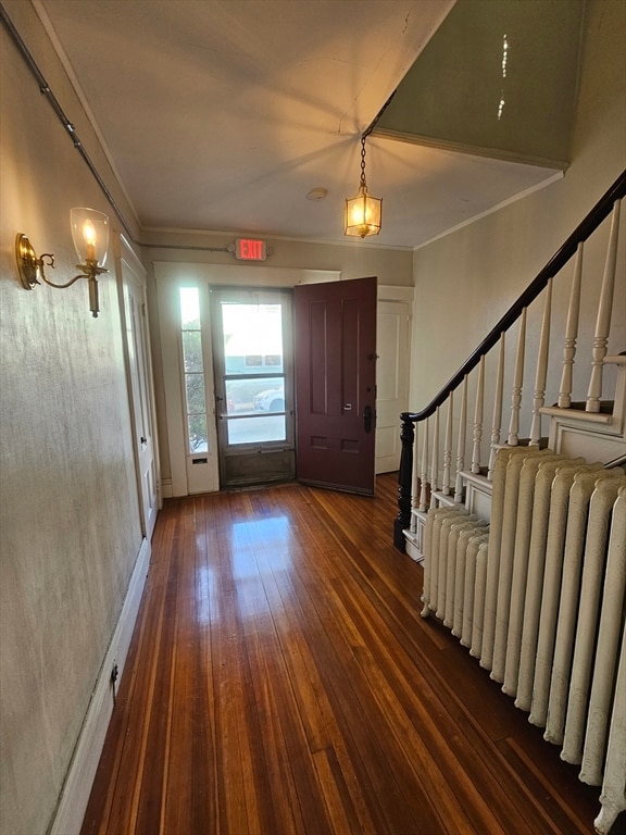 foyer entrance featuring crown molding, radiator heating unit, and dark wood-type flooring