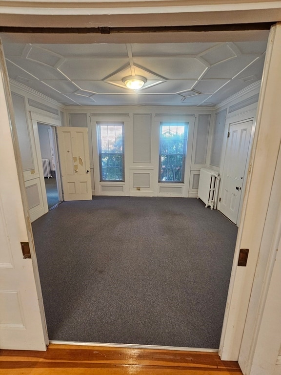 carpeted spare room featuring radiator heating unit