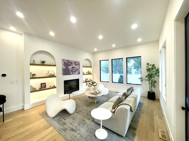156-158 Langley Rd Unit 1, Newton, MA 02459 - living room with light wood-style floors, a glass covered fireplace, recessed lighting, and built in features