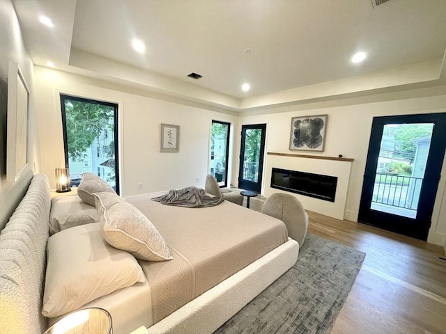 156-158 Langley Rd Unit 1, Newton, MA 02459 - bedroom with a tray ceiling, access to outside, wood finished floors, recessed lighting, and a glass covered fireplace
