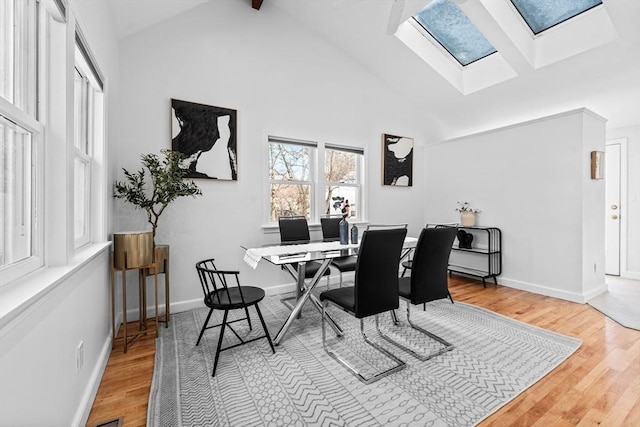 office featuring a skylight, wood finished floors, high vaulted ceiling, beamed ceiling, and baseboards