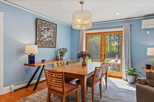 18 Hill St, Lexington, MA 02421 - dining area with a baseboard radiator, an AC wall unit, wood finished floors, a chandelier, and crown molding