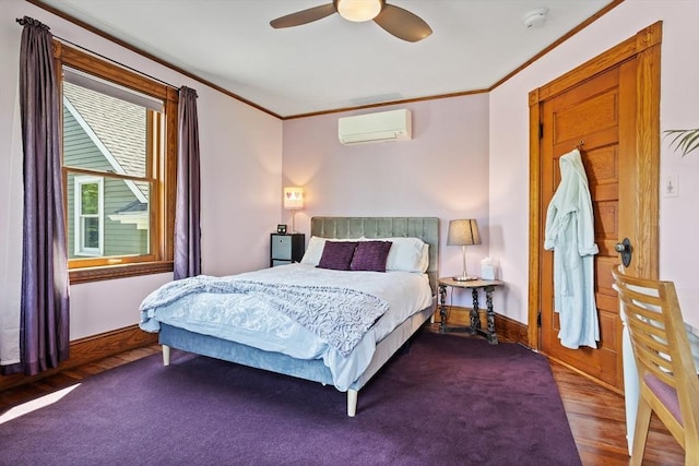 18 Hill St, Lexington, MA 02421 - bedroom featuring a wall mounted air conditioner, ornamental molding, wood finished floors, a ceiling fan, and baseboards