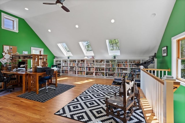 18 Hill St, Lexington, MA 02421 - office featuring vaulted ceiling, a skylight, wood finished floors, a ceiling fan, and recessed lighting