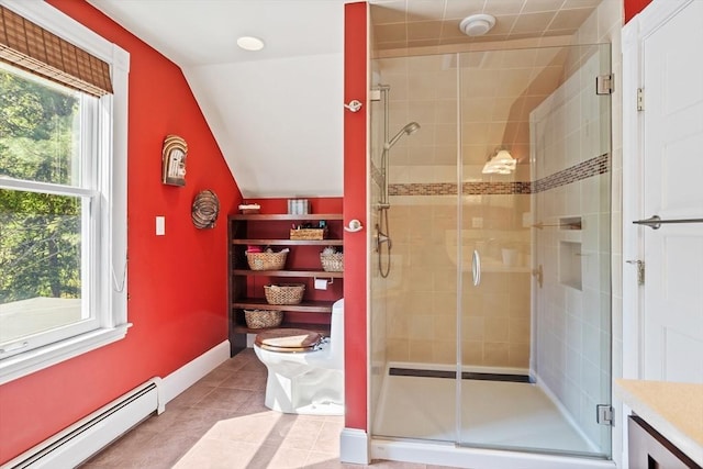18 Hill St, Lexington, MA 02421 - full bath with baseboard heating, vaulted ceiling, a stall shower, tile patterned flooring, and baseboards