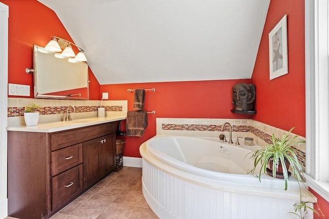 18 Hill St, Lexington, MA 02421 - full bathroom featuring lofted ceiling, vanity, tasteful backsplash, and a garden tub